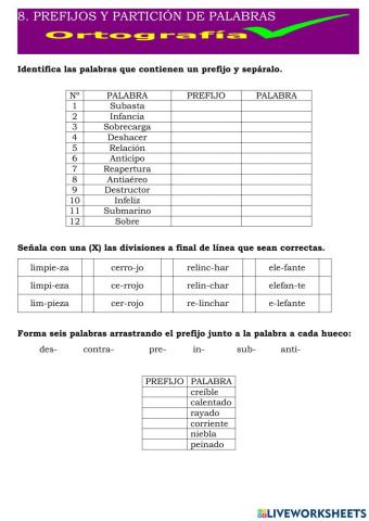 Ortografía t8 Prefijos y Partición de palabras