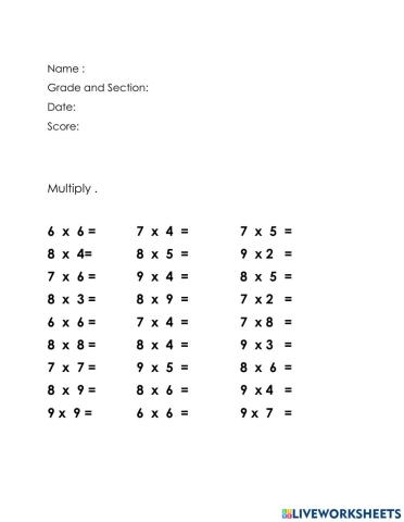 Multiplication Facts 6 - 9