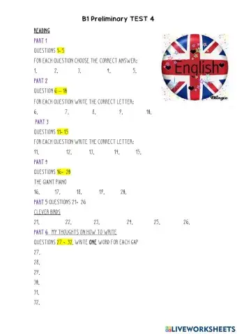 B1 Preliminary for schools Trainer answer sheet TEST 4