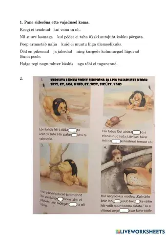 Sidesõnad lauses ja jutt -Lõvi ja hiir-