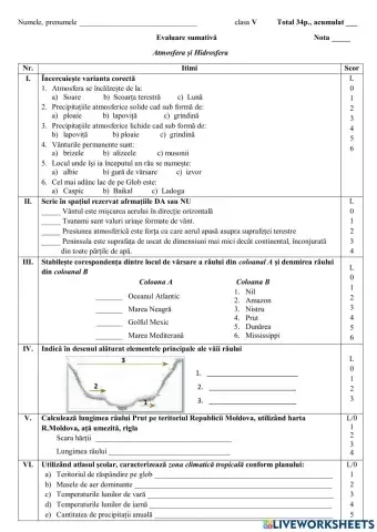 Evaluare „Atmosfera și Hidrosfera”