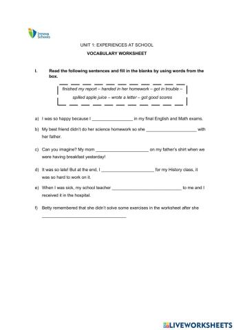 Vocabulary - UNIT 1 - EXPERIENCES AT SCHOOL