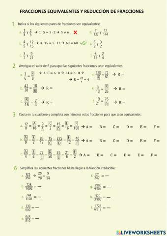 Fracciones equivalentes y reducción de fracciones