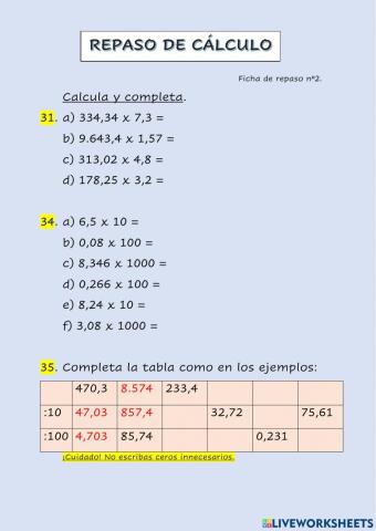 Cálculo básico decimales.