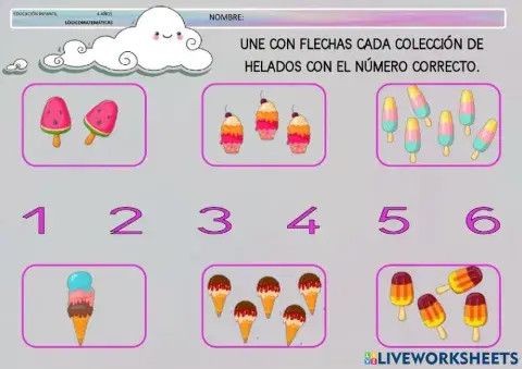 Asociación número cantidad 1 al 6