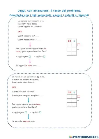 Problemi addizione e sottrazione