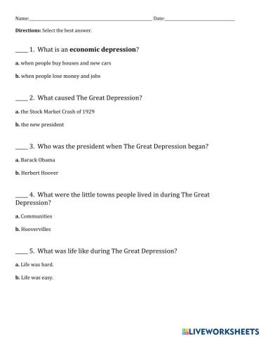 Great Depression Questions (multiple choice)