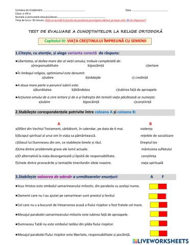 EVALUARE, clasa a VIII-a UI VIAȚA CREȘTINULUI ÎMPREUNĂ CU SEMENII