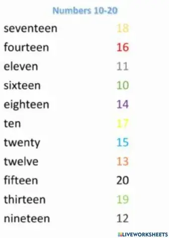 Numbers 10 to 20 matching