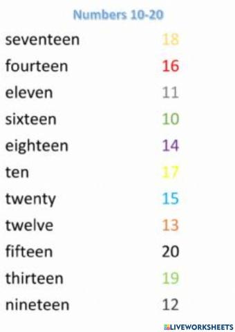 Numbers 10 to 20 matching