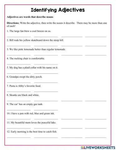 Identify Adjectives and tell what kind and how many