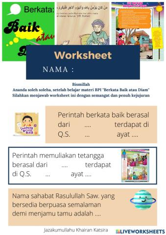 Worksheet BPI kelas 3
