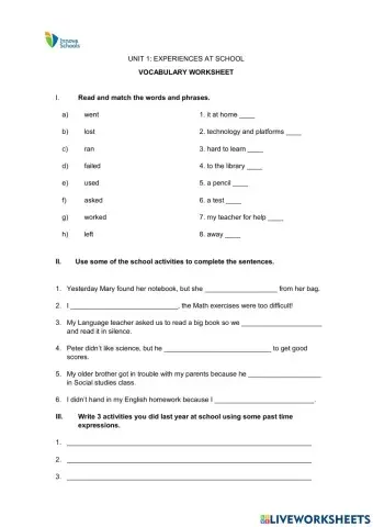Unit 1: experiences at school  vocabulary worksheet