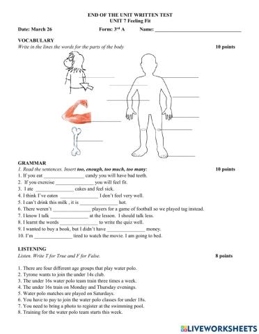 Unit 7 Test -Feeling fit-