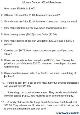 Money Division Word Problems