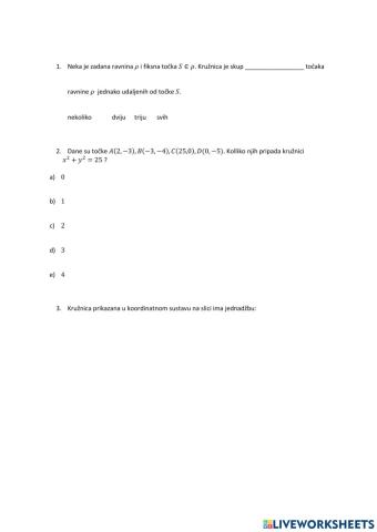 Nastavni listić - jednadžba kružnice