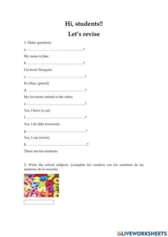 Revision questions school subjects prepositions