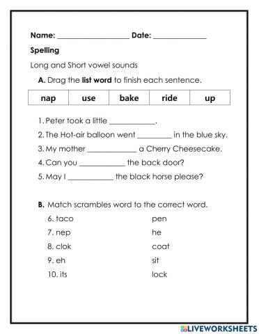Long and short vowel sounds spelling