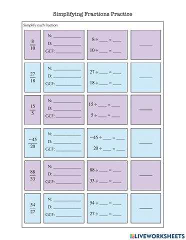 Simplifying Fractions Practice