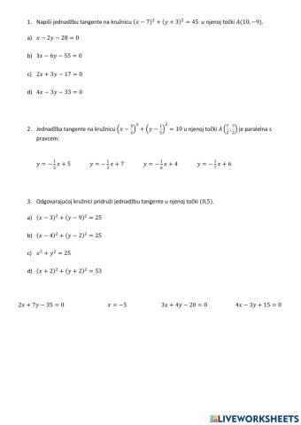 Nastavni listić - tangenta u točki kružnice