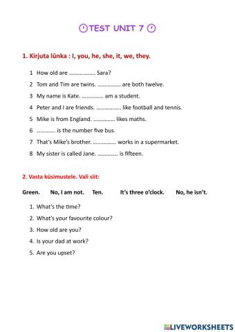 Unit 7 I Love English 1 TEST