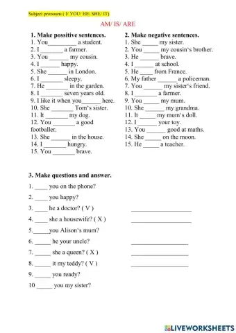 Subject pronouns ( I, you, he, she, it)