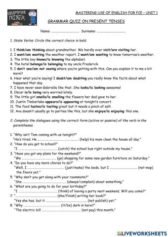 Mastering Unit 1 Grammar Test