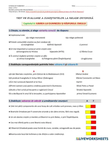 Clasa a VII-a, EVALUARE - IUBIREA LUI DUMNEZEU SI RASPUNSUL OMULUI