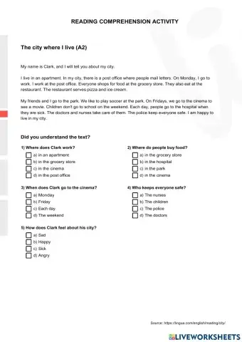 The city I live in - Reading Comprehension