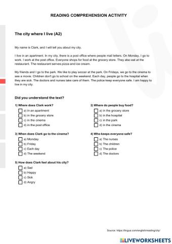 The city I live in - Reading Comprehension