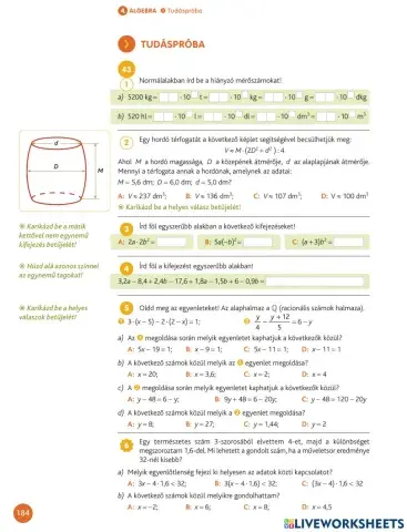 Tudáspróba - Algebra