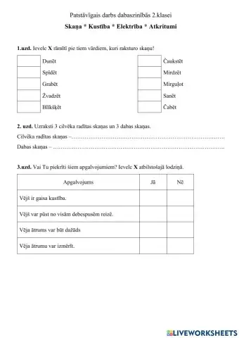 Dabaszinību patstāvīgais darbs (skaņa, kustība, elektrība, atkritumi)