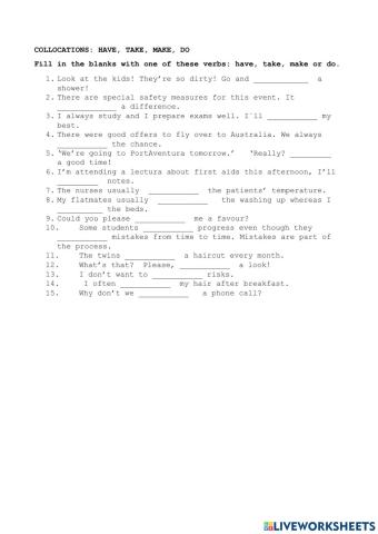 Collocations: have, make, do, take