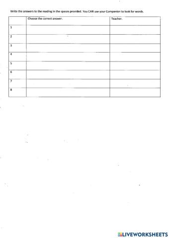 Answer sheet for reading texts