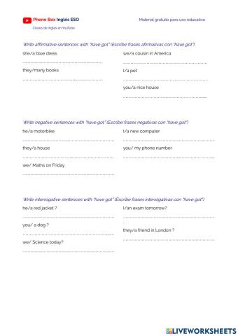 1º ESO Have got. ejercicio.2