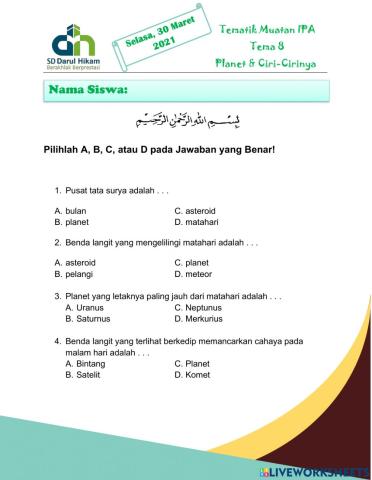 LKS Tematik Tema 8 (Nama Planet & Ciri-Cirinya)