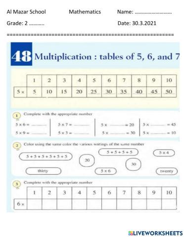 Muliplication table of 5 and 6