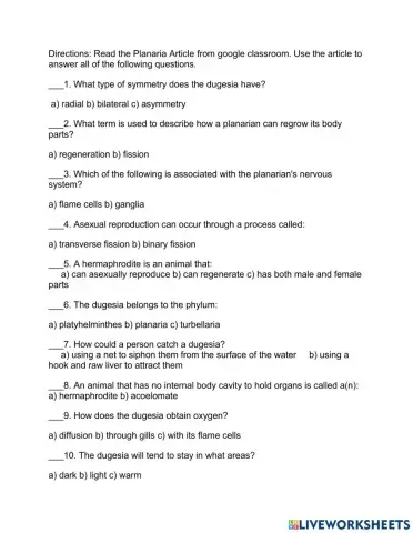 Flatworm Reading questions