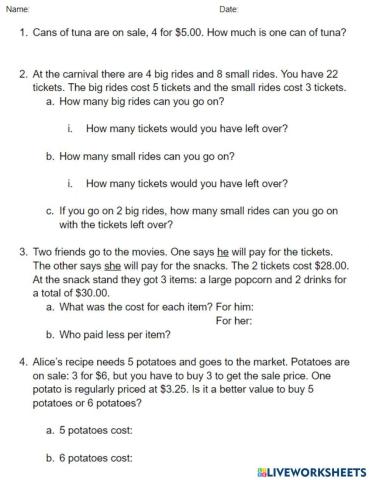 Money Division Word Problems - Sheet 2