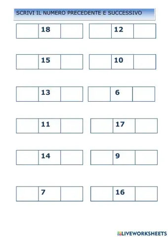 Precedente e successivo numeri  da 0 a 20