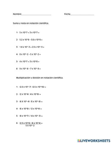 Suma, resta multiplicación y división en Notación Científica