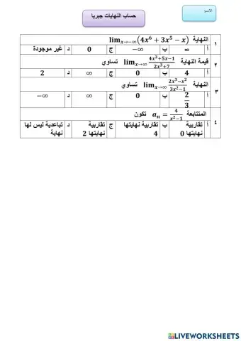 ورقة عمل حساب التهايات جبريا