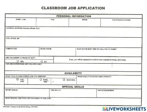 Classroom Job Application