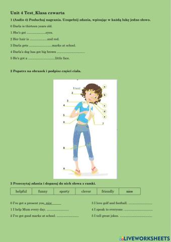 Unit 4 test-klasa czwarta