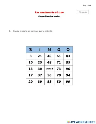 Les nombres de 1 à 100 - Compréhension orale Nº1