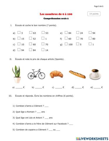 Les nombres de 1 à 100 - Compréhension orale Nº2