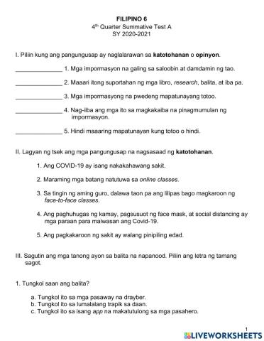 Filipino 6 4th Qtr Summative Test A