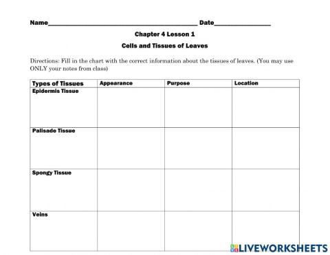 Cells and Tissues of Leaves