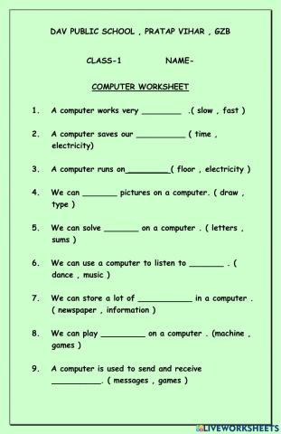 Computer worksheet