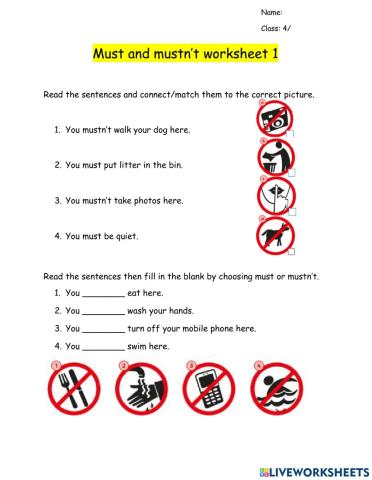 Must and mustn't worksheet